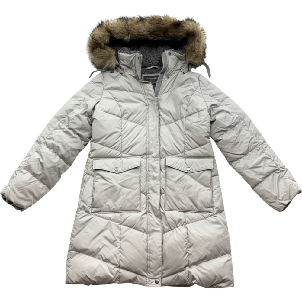 Eddie Bauer Womens Grey Down Filled Parka Faux Fur Hood Sherpa Lining Size S